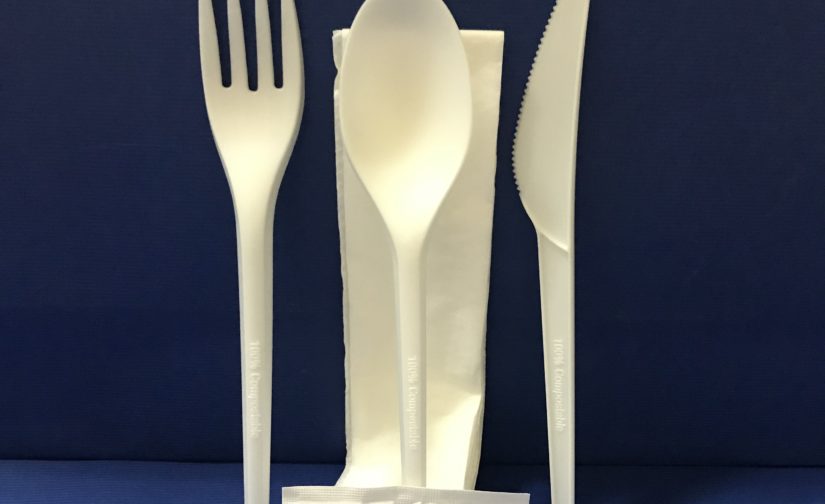 25 Sachet Couverts 6 Pièces Fourchettes+Couteaux+Cuillere+Serviétte+Sel+Poivre Bio en PLA 17 cm