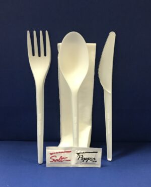 25 Sachet Couverts 6 Pièces Fourchettes+Couteaux+Cuillere+Serviétte+Sel+Poivre Bio en PLA 17 cm
