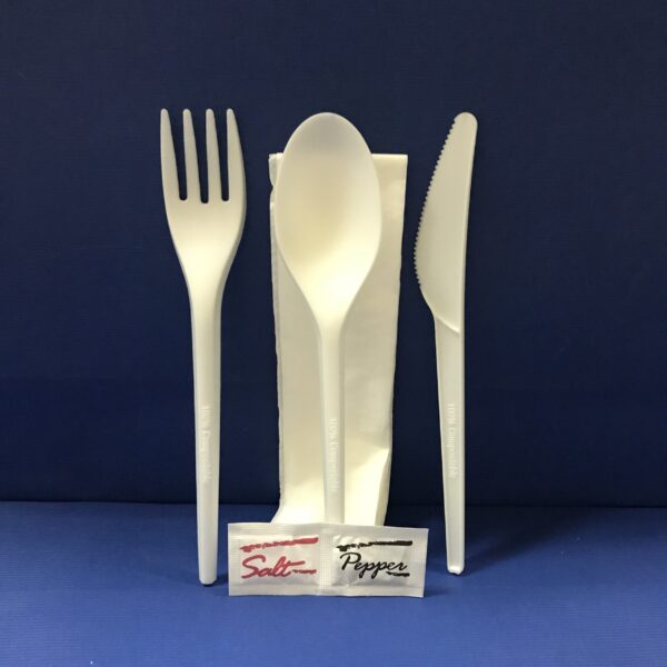25 Sachet Couverts 6 Pièces Fourchettes+Couteaux+Cuillere+Serviétte+Sel+Poivre Bio en PLA 17 cm