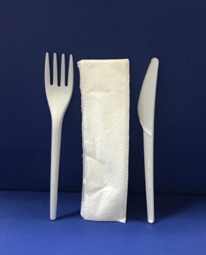 25 Sachet Couverts 3 Pièces Fourchettes+Couteaux+Serviétte Bio en PLA 17 cm