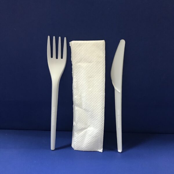 25 Sachet Couverts 3 Pièces Fourchettes+Couteaux+Serviétte Bio en PLA 17 cm
