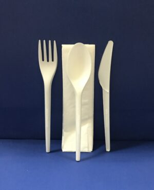 25 Sachet Couverts 4 Pièces Fourchettes+Couteaux+Cuillere+Serviétte Bio en PLA 17 cm
