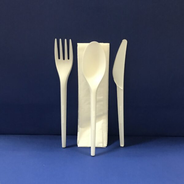 25 Sachet Couverts 4 Pièces Fourchettes+Couteaux+Cuillere+Serviétte Bio en PLA 17 cm